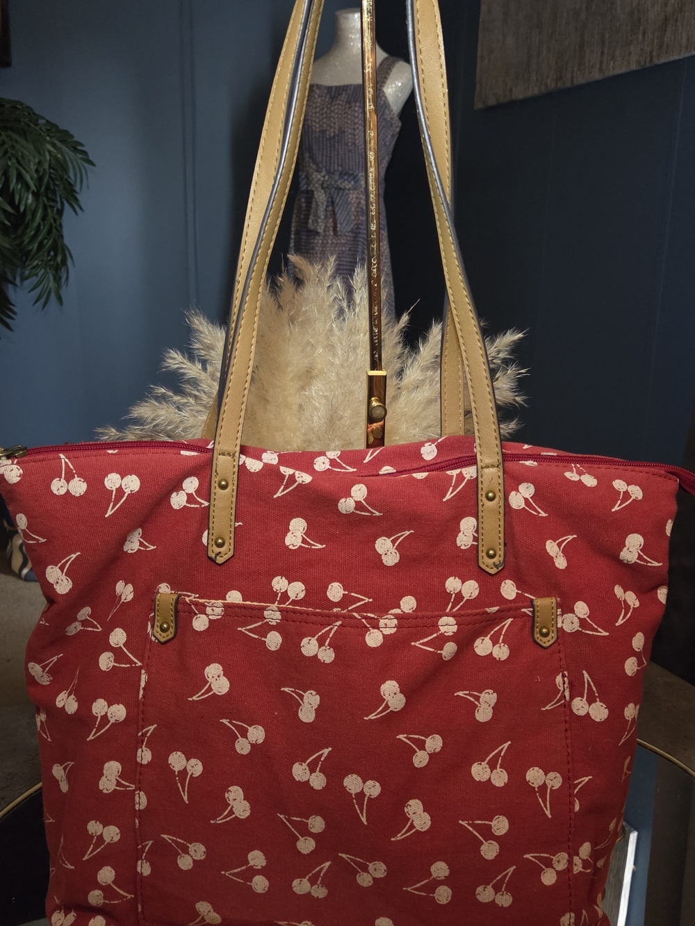 Sonoma Cherry Print Canvas Tote Bag Red Cream Large Everyday Shoulder Tote - Picture 1 of 15